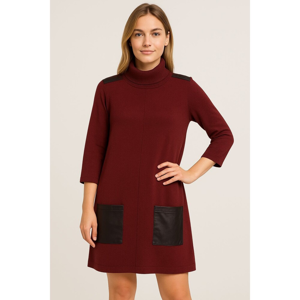 Evolution by Cyrus Sweater Dress Womens L Burgundy 3/4 Sleeve Faux Leather Pocke